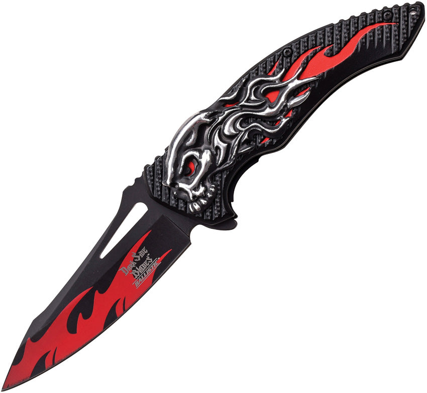 Dark Side Folding Fantasy Knife A/O Plain Flame Skull Silver & Red