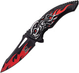 Dark Side Folding Fantasy Knife  A/O Plain Flame Skull Silver & Red 5" A034RD