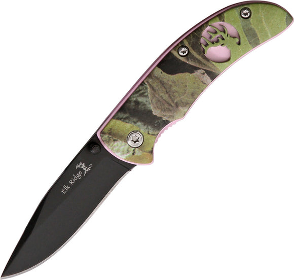 Elk Ridge Linerlock Pink & Green Camo Aluminum Folding 440 Pocket Knife 120