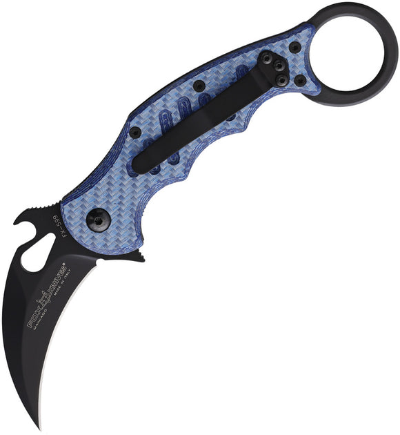 Fox Karambit Linerlock Blue Carbon Fiber Folding Bohler N690 Pocket Knife 599BLT