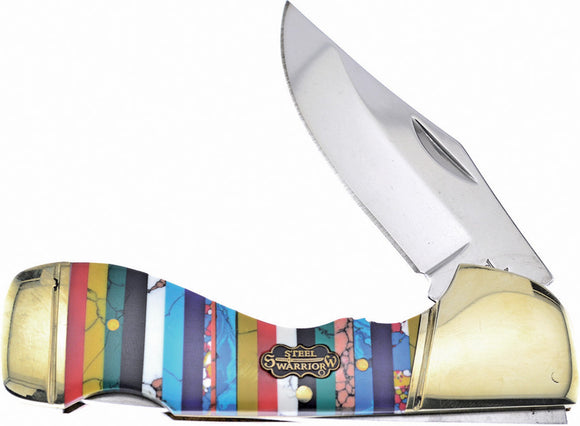 Frost Cutlery Choctaw Rainbow Multi Stone Folding Pocket Knife SW105TQT