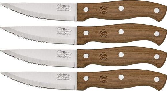 Hen & Rooster Four Piece Kitchen Knife Set 4pc Brown Wood Stainless Blade 030