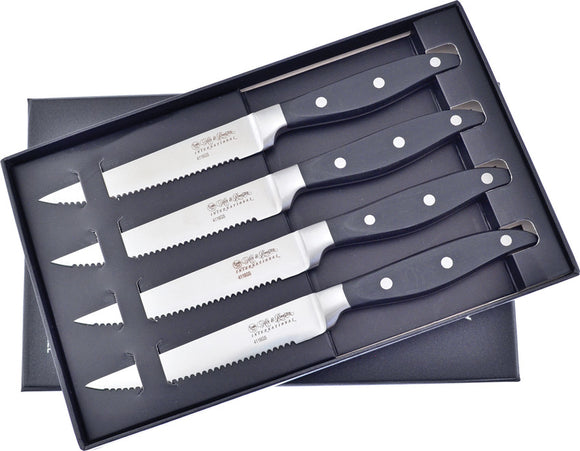 Hen & Rooster Steak Kitchen Knife 4pc Set Black Wood Serrated 103B
