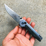 Kansept Knives EDC Tac Button Lock Titanium/CF Folding Damascus Knife 2009A4