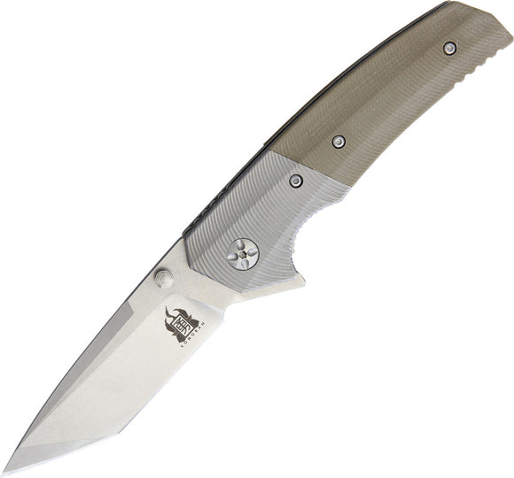 Komoran Linerlock A/O Tan G10 Handle Stainless Stonewash Tanto Folding Knife 020