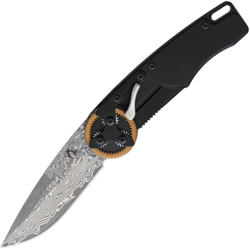 Mantis Gearhead Folding Pocket Knife Black Aluminum Damascus Clip