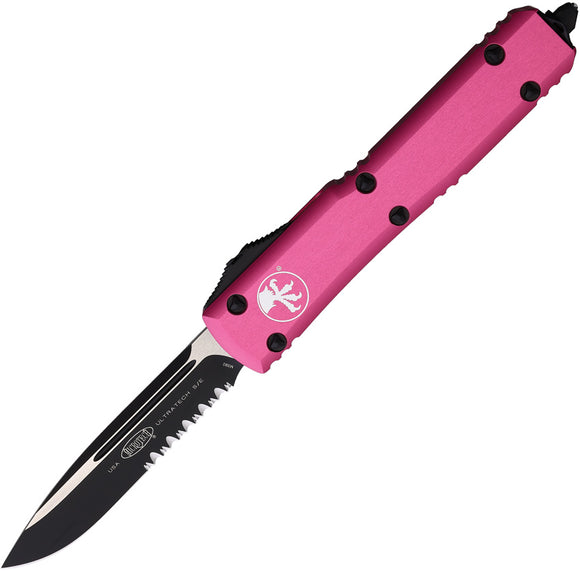 Microtech Automatic Ultratech OTF Knife Pink Aluminum Black Partial Serrated Drop Point Blade 1212PK