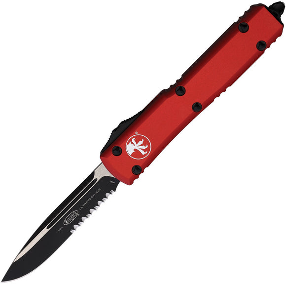 Microtech Automatic Ultratech OTF Knife Red Aluminum Black Partial Serrated Drop Point Blade 1212RD