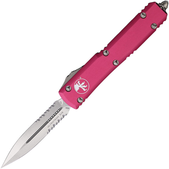 Microtech Automatic Ultratech OTF Knife Pink Aluminum Partial Serrated Double Edge Dagger Blade 12211PK