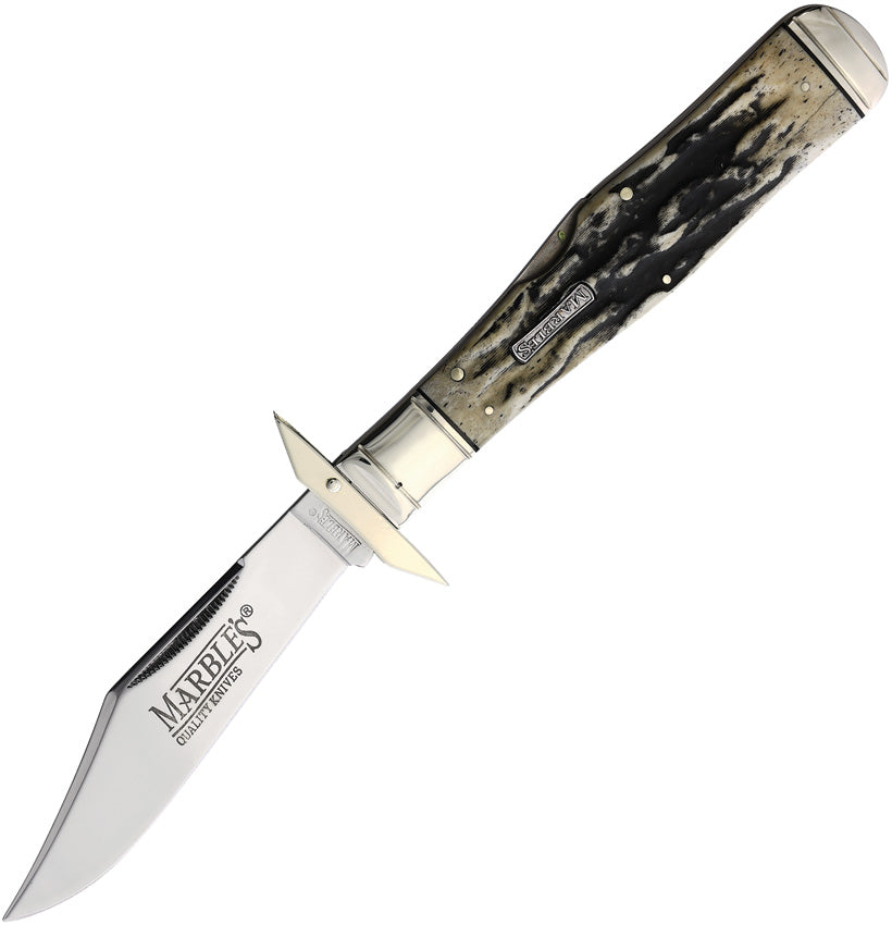 Marbles Large Lockback Swing Guard Black Stag Bone Folding 