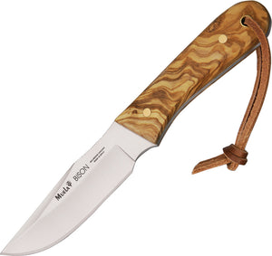 Muela Bison Olive Wood 440C Stainless Fixed Drop Pt Knife w/ Brown Sheath 91779