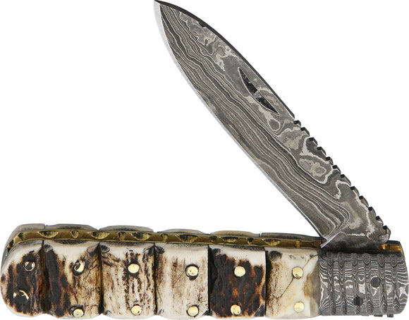 Old Forge Barlow Stacked Stag Handle Damascus Steel Folding Knife 011