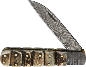 Old Forge Barlow Stacked Wood Wharncliffe Damascus Folding Knife 018