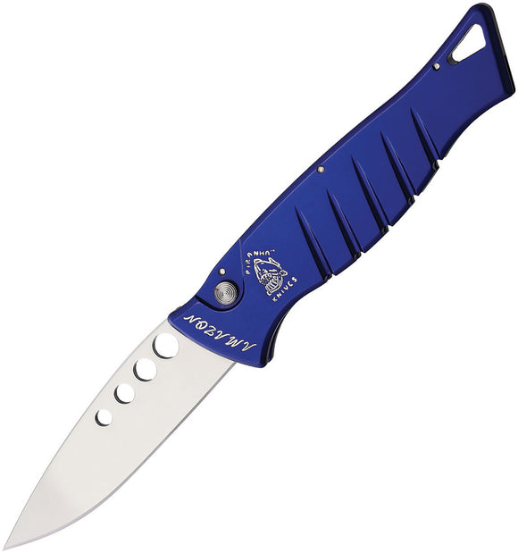 Piranha Knives Automatic Amazon Knife Button Lock Blue Aluminum 154CM Blade CP3B