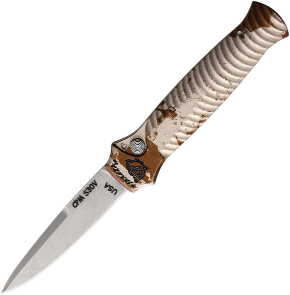 Piranha Knives Automatic Miniguard Knife Button Lock White/Tan Camo S30V Fixed Blade Knife 7C