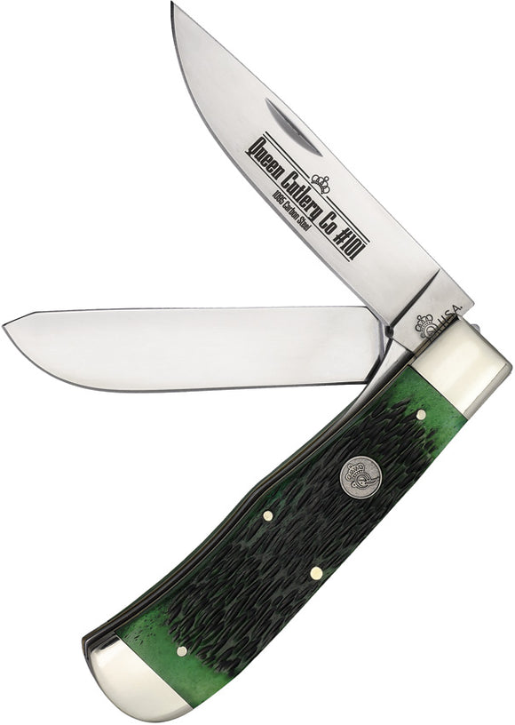 Queen Jumbo Linerlock Trapper Green Bone Folding 1095 Carbon Steel Knife PSB206L