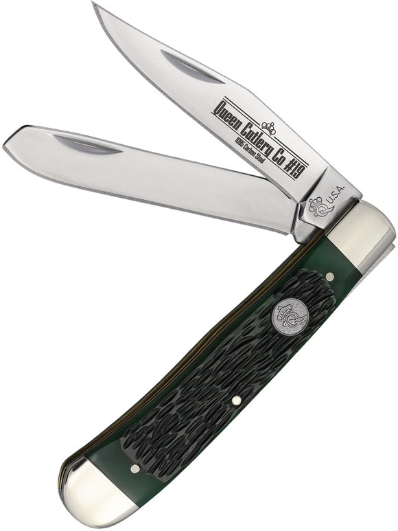 Queen Trapper Green Jigged Bone Folding 1095 Carbon Steel Pocket Knife GPSB54