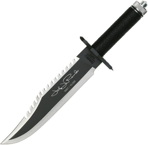 Rambo First Blood II John Black Cord Wrapped Stainless Fixed Blade Knife w/ Sheath 9424