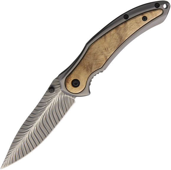 Rough Rider Framelock Burl Wood Onlay Handle Folding Feather Blade Knife 1653