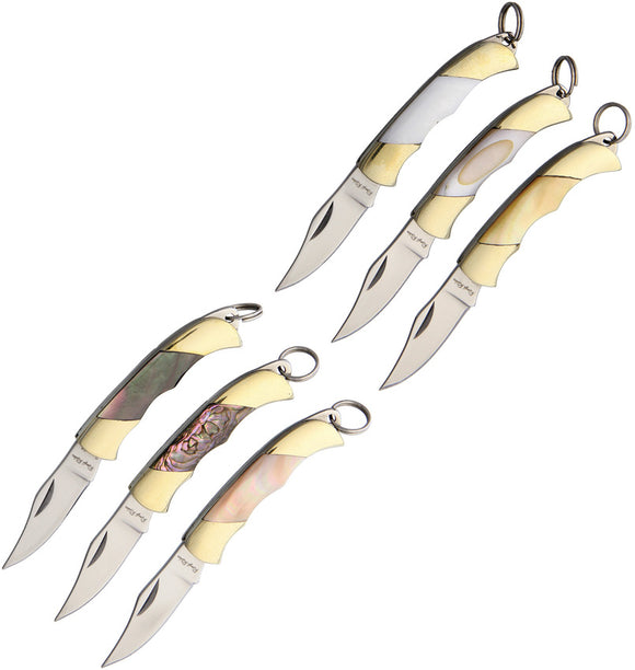 Rough Rider Miniature Set of 6 Folding Blade Abalone Mother of Pearl Handle Knives 1710