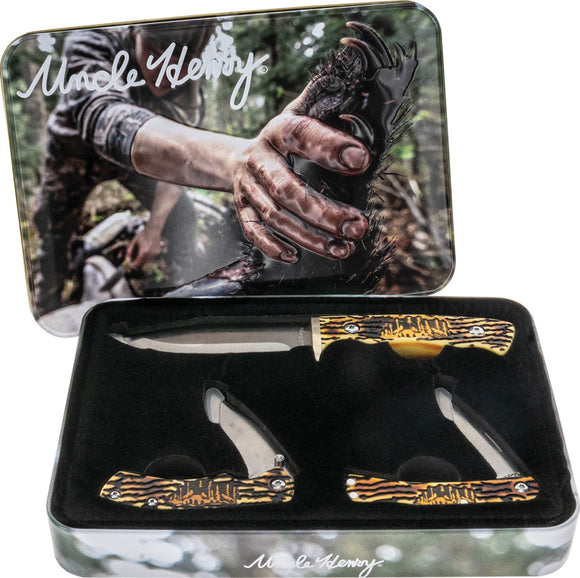 Schrade Wolf 3pc Delrin Stag Folding & Fixed Blade Knife Gift Set 1157964