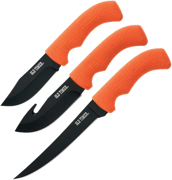 Schrade 3 pc Orange Fixed Blade Hunting Black Knife Set + Sheath 1158659