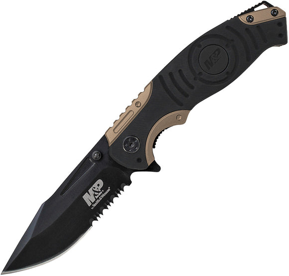 Smith & Wesson M&P Linerlock Tan Aluminum/Black Folding Serrated Knife 13BSCP