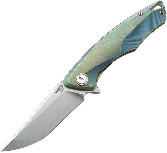 Bestech 1707 Blue Gold Titanium Handle Framelock Folding Drop Blade Knife