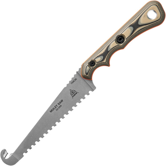 TOPS Muley Saw Fixed Blade Knife Black & Tan G10 154CM Serrated w/ Sheath MSAW01