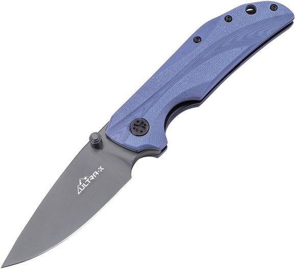 Ultra-X Rye Linerlock Blue Grey G10 Handle Folding D2 Steel Titanium Finish Blade Pocket Knife