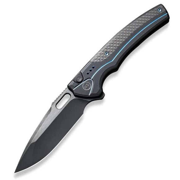 We Knife Exciton LTD Button Lock Black & Blue Titanium & CF Folding 20CV Knife 22038A2