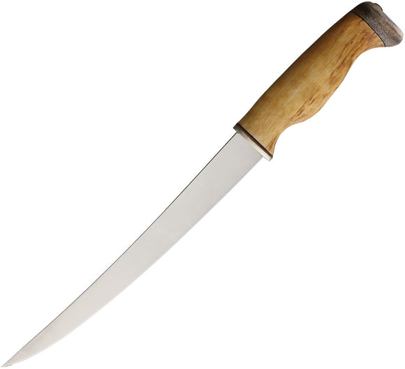 Wood Jewel Large Fillet Curly Birch Stainless Fixed Blade Knife w/ Sheath 23FPI