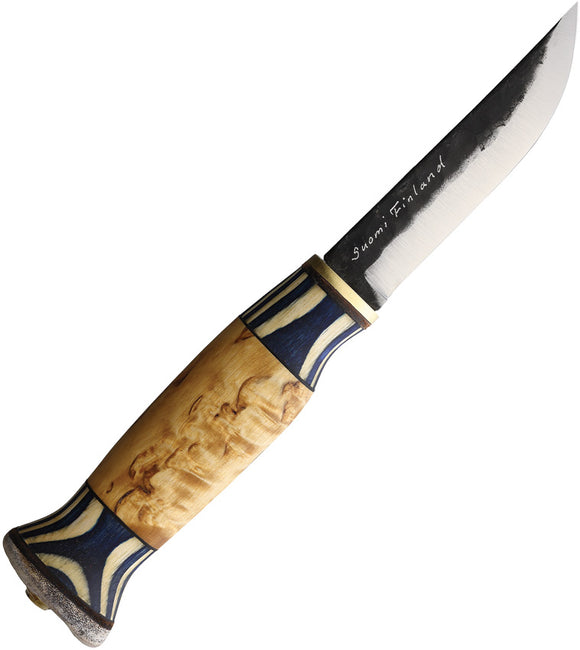 Wood Jewel Lion Blue & White Curly Birch Carbon Steel Fixed Blade Knife 23LION9