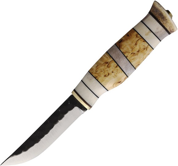 Wood Jewel Willow Grouse Curly Birch & Horn Carbon Steel Fixed Blade Knife 23RIE