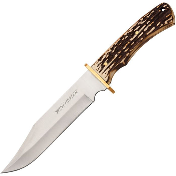 Winchester Bowie Faux Stag Stainless Fixed Blade Knife w/ Belt Sheath 6220060W