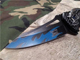 Dark Side Folding Fantasy Flame Skull Silver & Blue Knife  A/O - A034BL