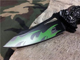 Dark Side Folding Flame Skull Silver & Green Fantasy Knife  A/O - A034GN