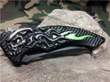 Dark Side Folding Flame Skull Silver & Green Fantasy Knife  A/O - A034GN