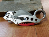 7.75" Karambit Spring Assisted Tactical Silver and Red Pocket Folding Knife - 2753sl