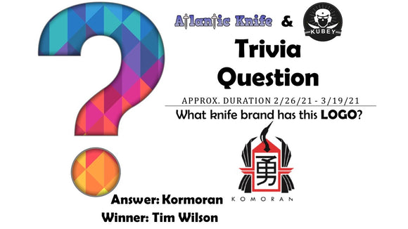 ATLANTIC KNIFE & KUBEY TITANIUM 252B KNIFE TRIVIA QUESTION GIVEAWAY WINNER