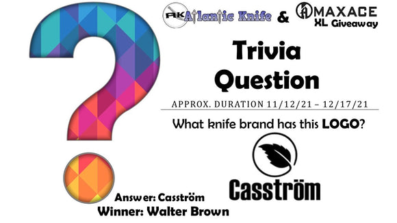 Atlantic Knife & Maxace XL Maxed Out Giveaway AK Trivia Question Winner