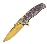 Frost Linerlock A/O Gold Titanium Linerlock Skull & Roses Folding Knife 19001GD