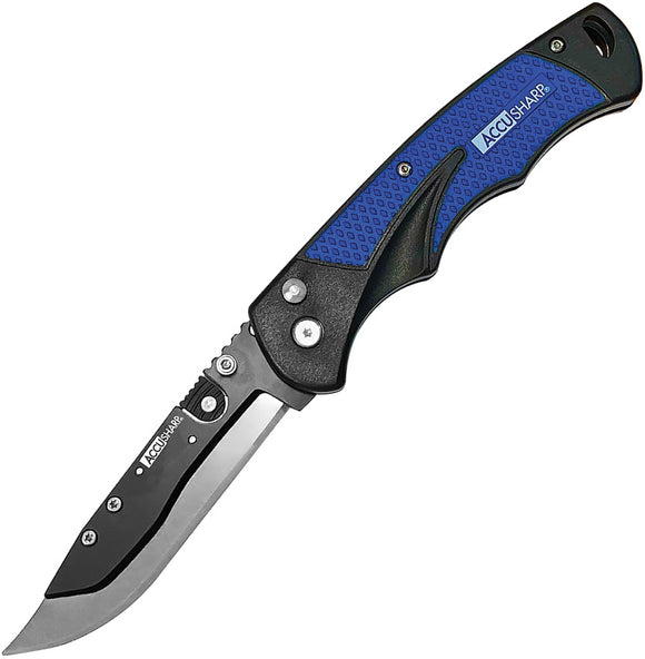 AccuSharp Razor Button Lock Blue ABS Folding 420 Steel Pocket Knife 743C