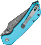 Tenable Knives Fenrir Top Linerlock Blue Aluminum Folding Damascus Pocket Knife B1034H8