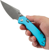 Tenable Knives Fenrir Top Linerlock Blue Aluminum Folding Damascus Pocket Knife B1034H8