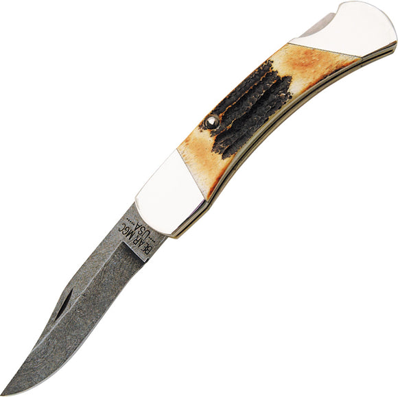 Bear & Son Folding Hunter Lockback Stag Bone Folding Pocket Knife 597d