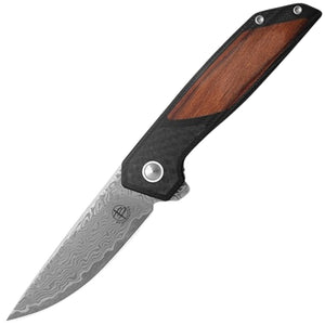 Begg Knives Diamici Linerlock Black G10 & CF & Wood Folding Damascus Knife 056