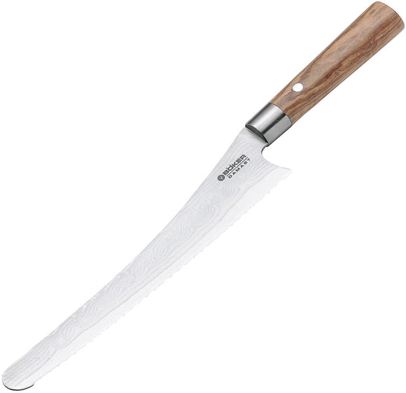 Boker Damast Bread Olive Wood Damascus Serrated Fixed Blade Kitchen Knife 130433DAM