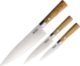 Boker Trio Olive Wood Damascus Fixed Blade 3pc Kitchen Knife Set w/ Towel 130440SET