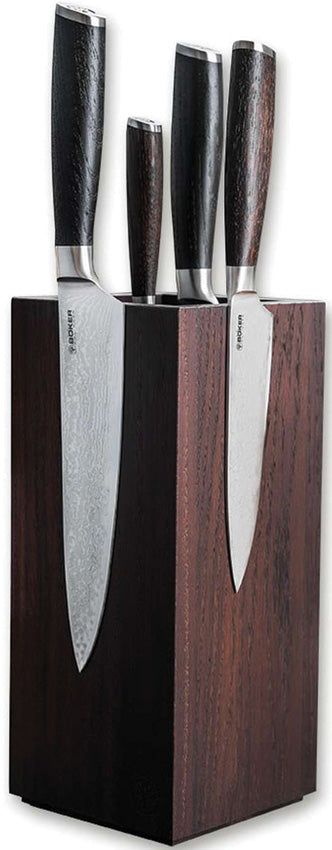 Boker Messer-Set Brown Wood VG-10 Damascus 4pc Fixed Blade Kitchen Knife Set w/ Block 130447SET